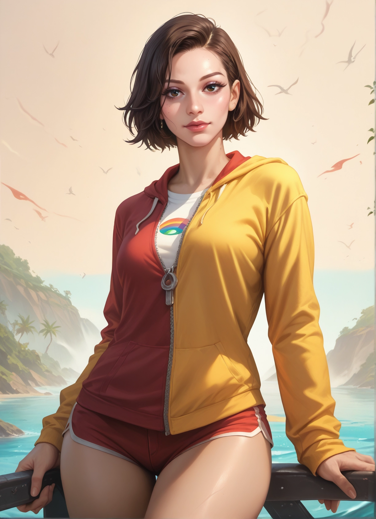 1girl, brown hair, shorts, solo, brown eyes, short hair · Yamete.gg