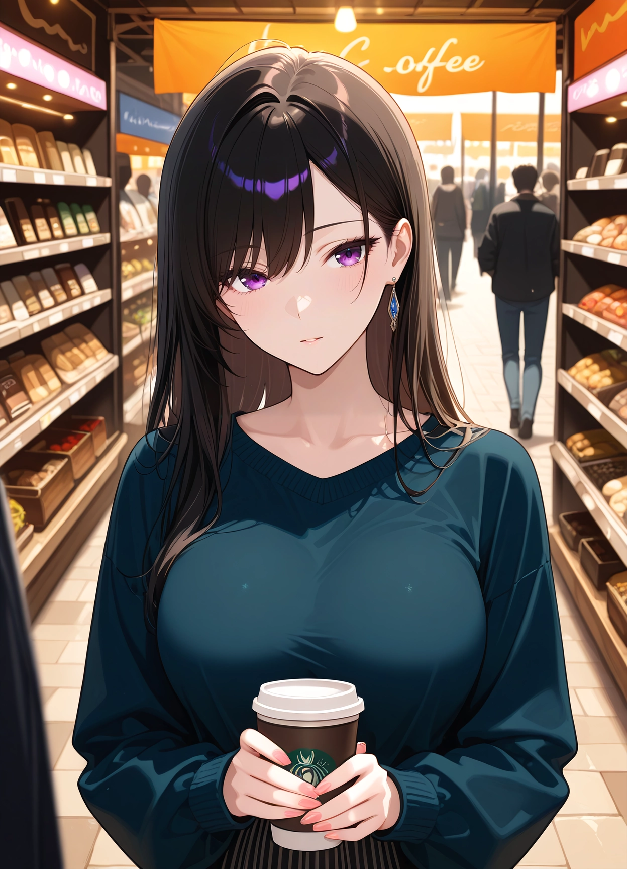 breasts, jewelry, earrings, purple eyes, cup, long hair · Yamete.gg