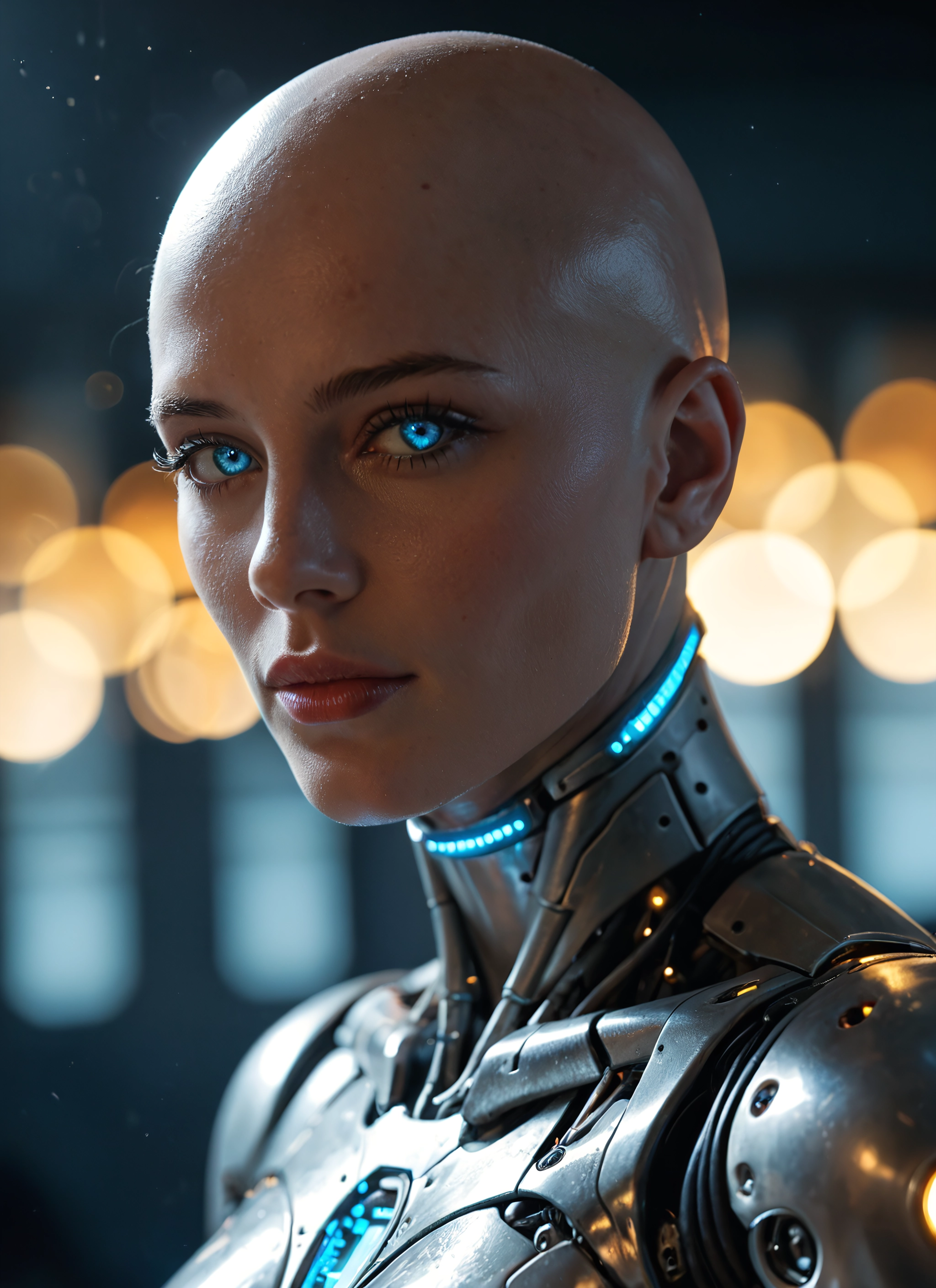 solo, bald, blue eyes, 1girl, bald girl, cyborg · Yamete.gg