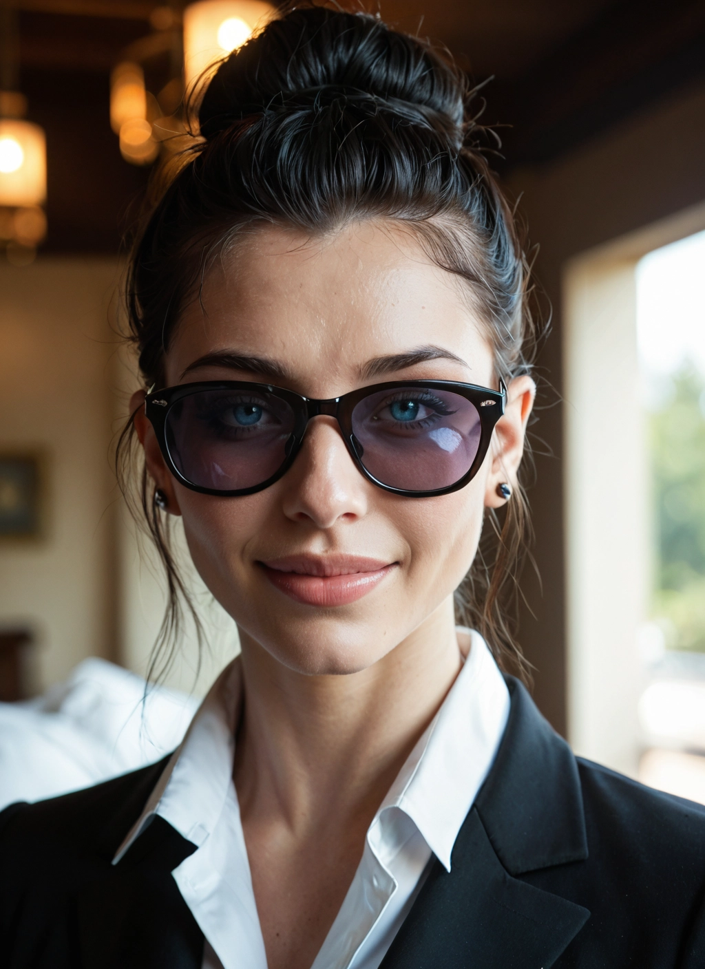 1girl, solo, jewelry, blue eyes, earrings, sunglasses · Yamete.gg