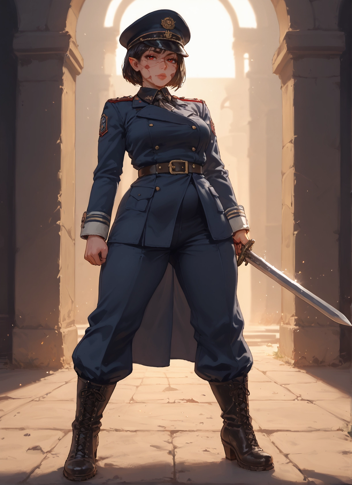 1girl, weapon, sword, solo, uniform, hat · Yamete.gg