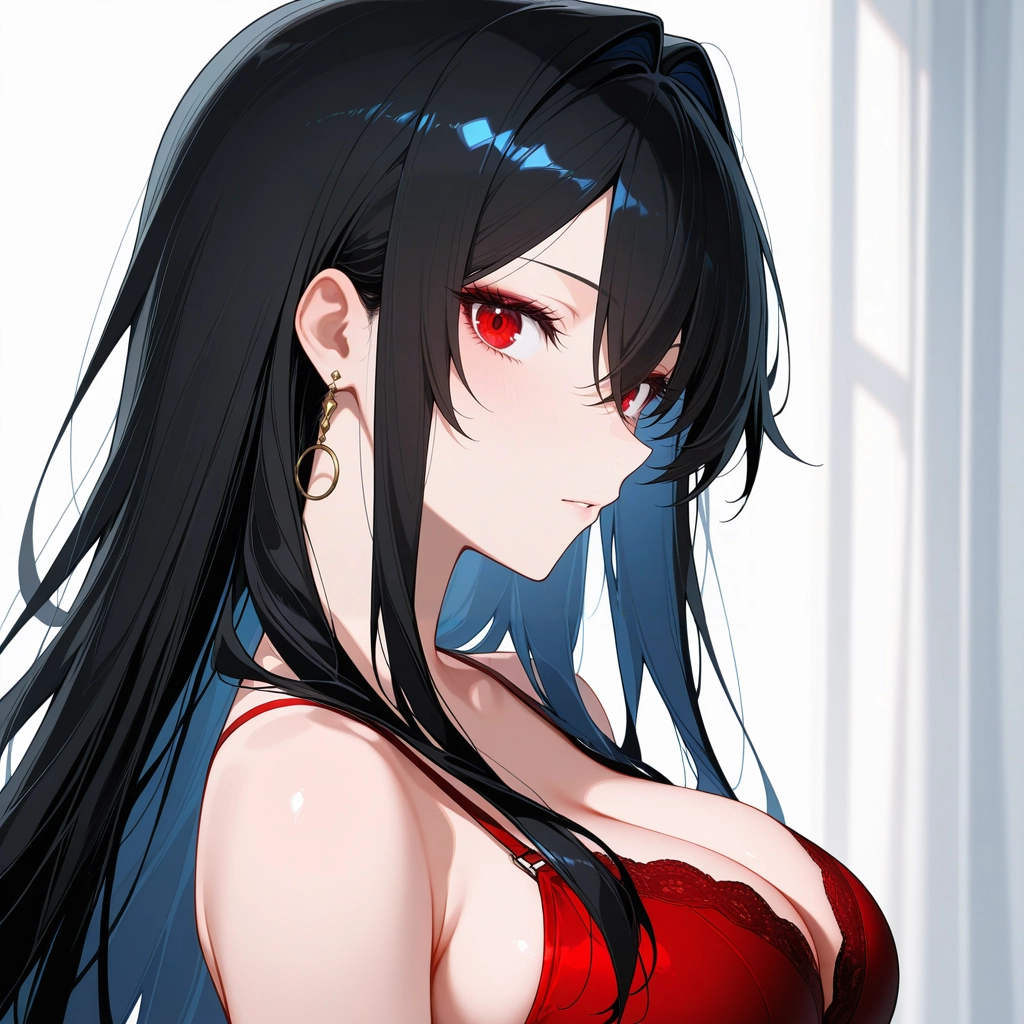 1girl, breasts, red eyes, solo, bra, underwear