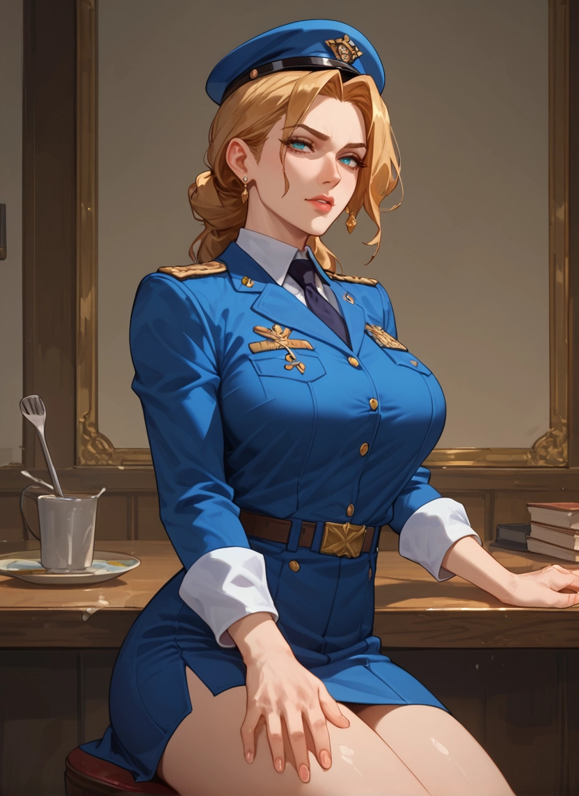 1girl, jewelry, blonde hair, uniform, earrings, hat · Yamete.gg