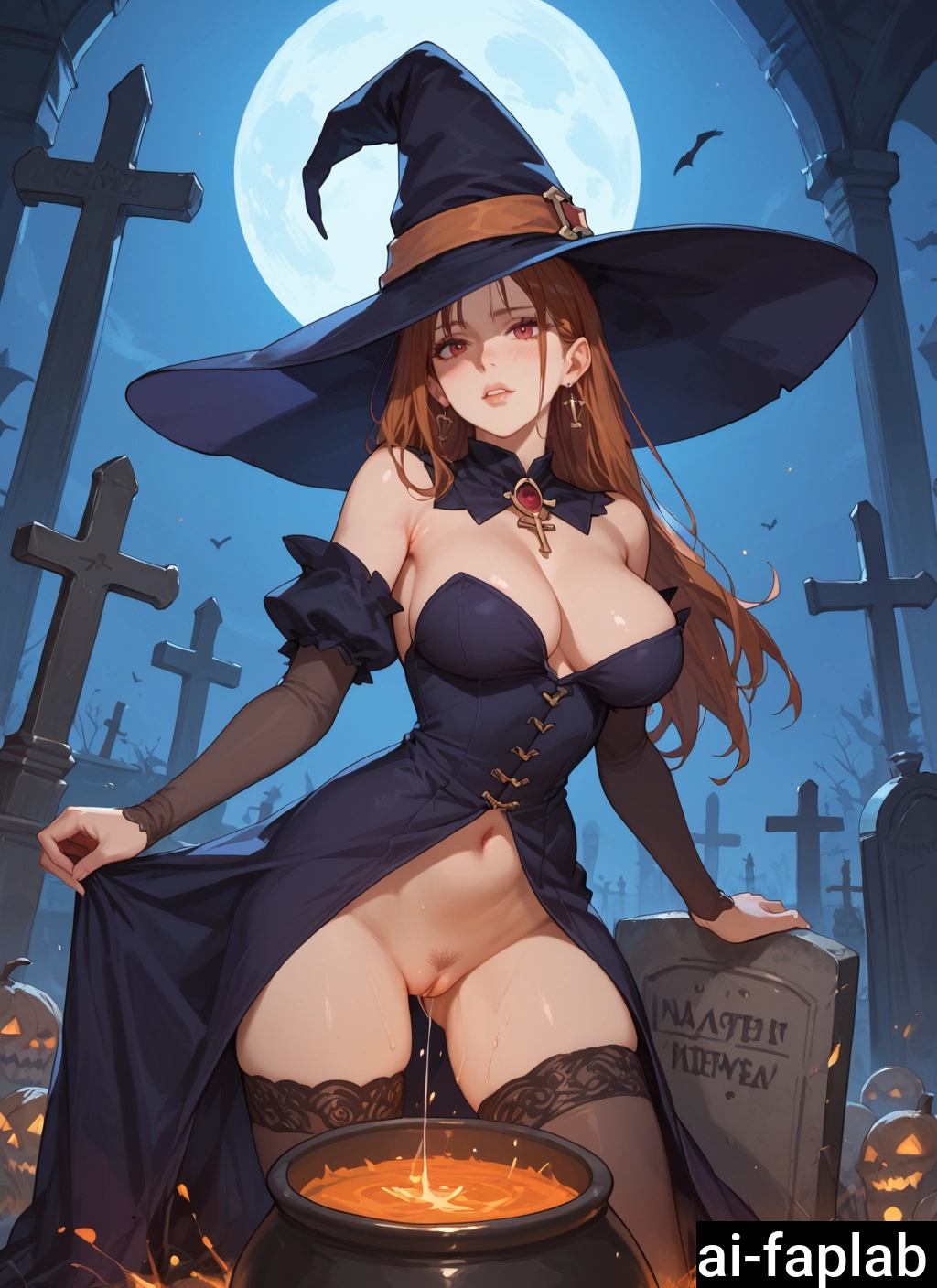 1girl, moon, breasts, witch hat, solo, hat · Yamete.gg