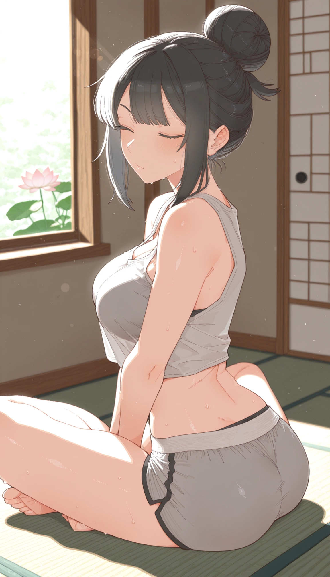 1girl, breasts, shorts, closed eyes, sitting, solo · Yamete.gg