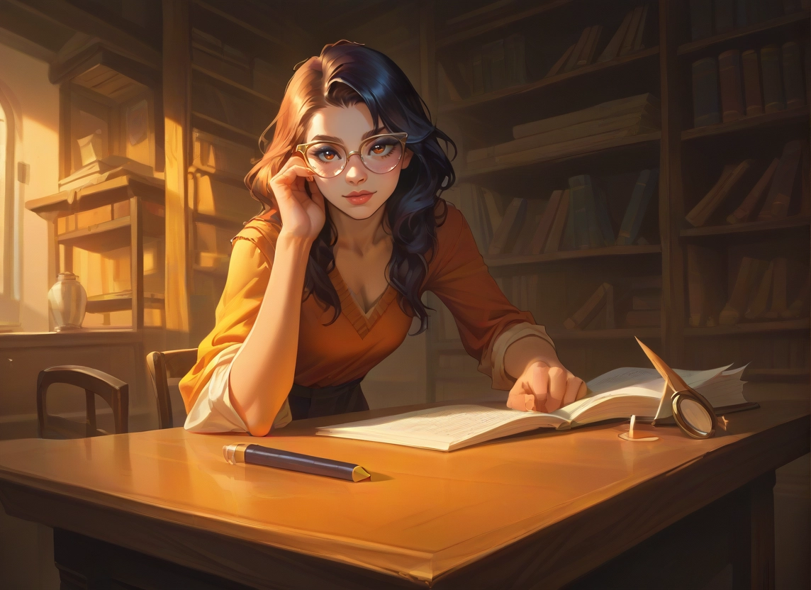 1girl, glasses, book, solo, breasts, cleavage · Yamete.gg