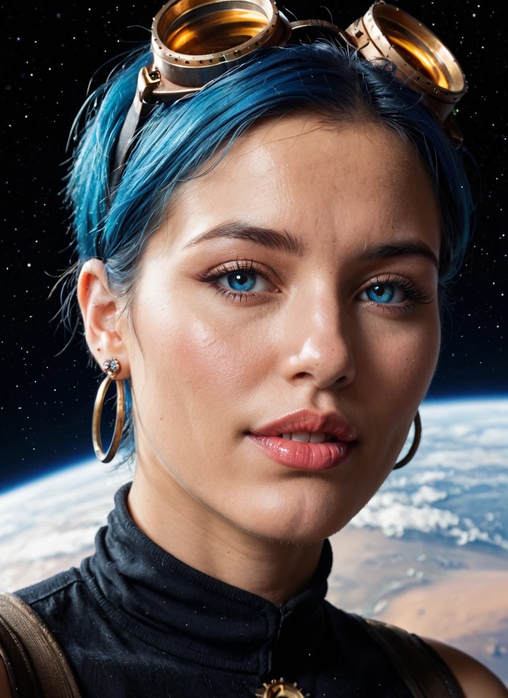 solo, 1girl, jewelry, earrings, goggles, blue hair