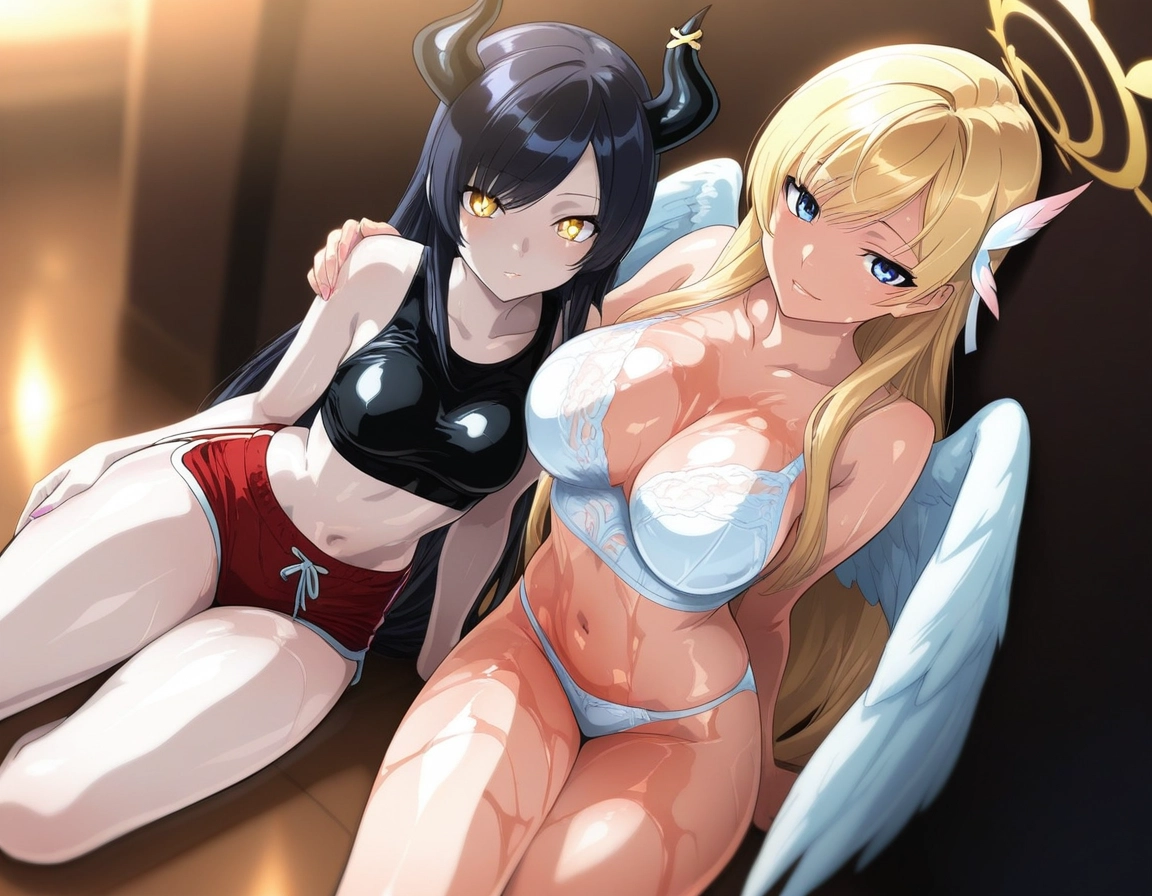 breasts, multiple girls, 2girls, blonde hair, wings, horns · Yamete.gg