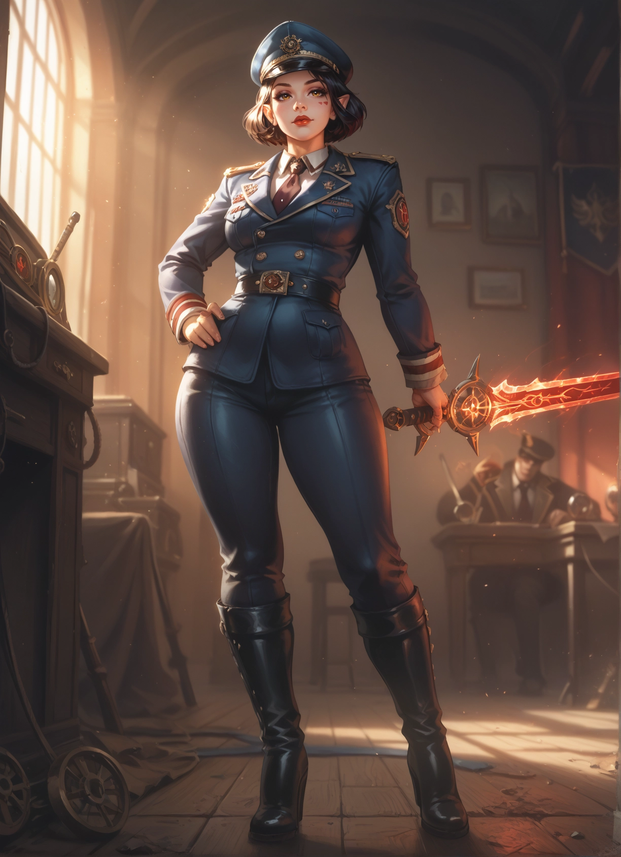 1girl, weapon, sword, uniform, boots, hat · Yamete.gg