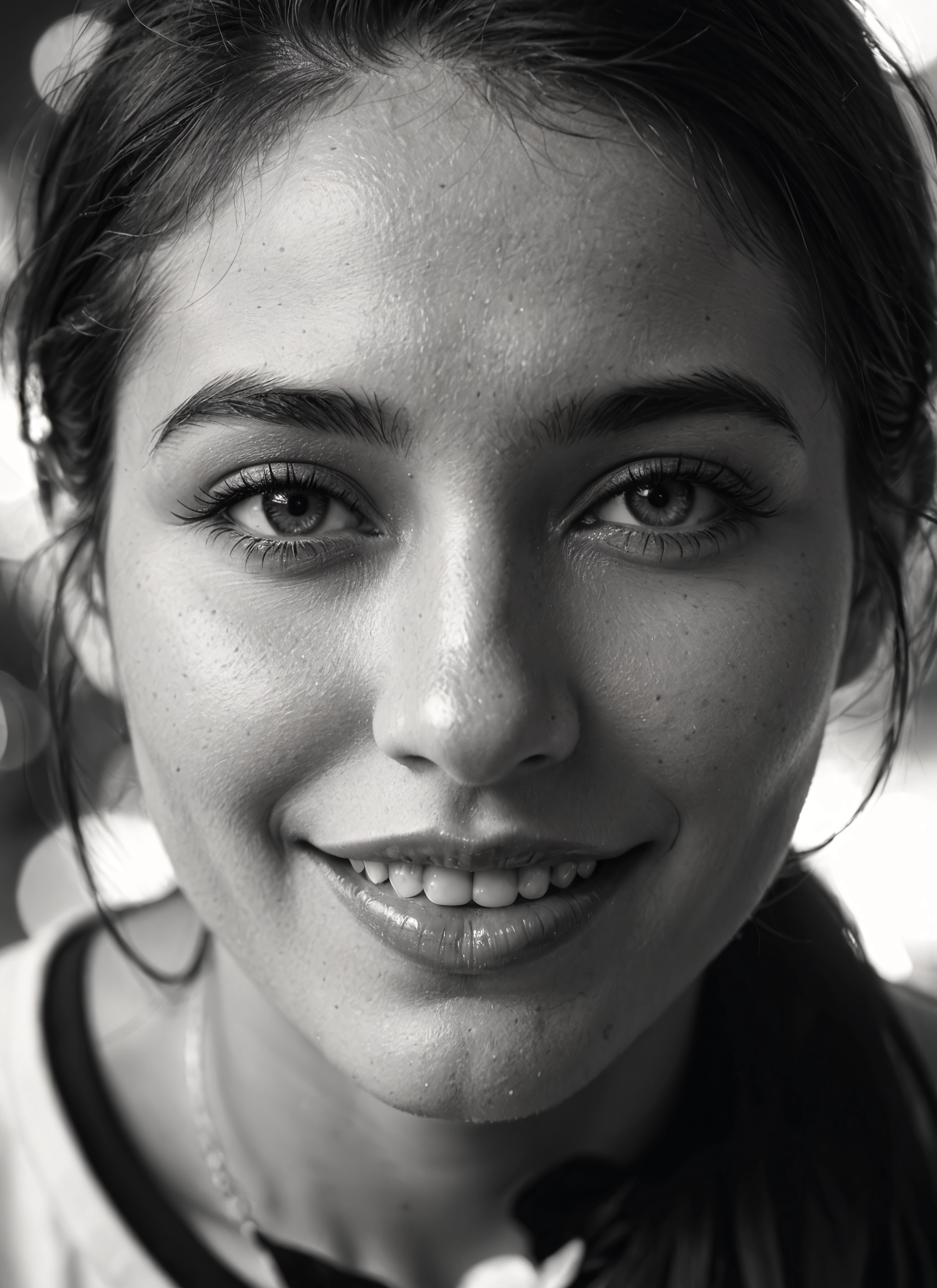monochrome, greyscale, 1girl, solo, smile, teeth · Yamete.gg