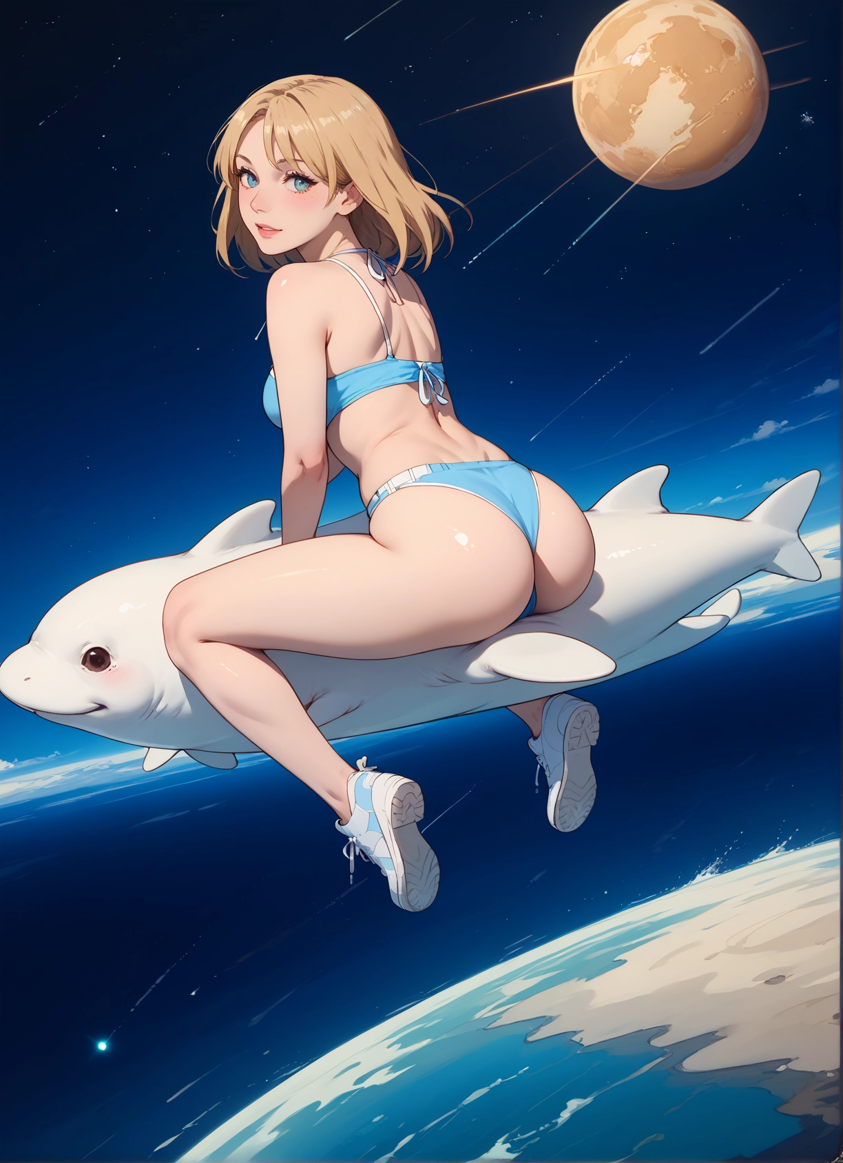 1girl, ass, bikini, swimsuit, blue eyes, shoes · Yamete.gg