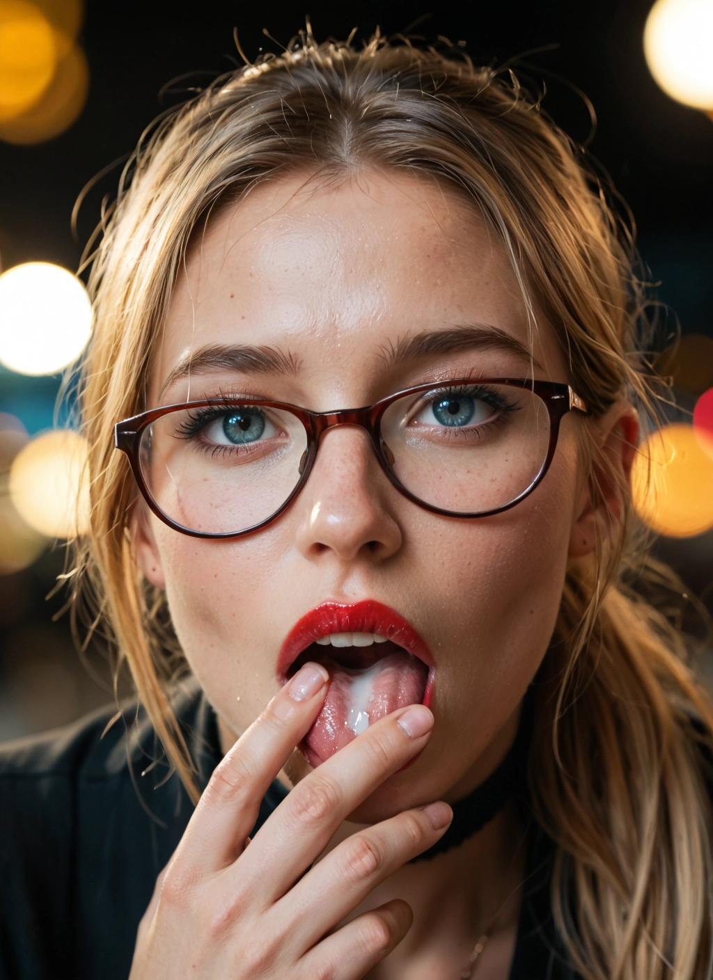 1girl, solo, glasses, blonde hair, tongue, freckles · Yamete.gg