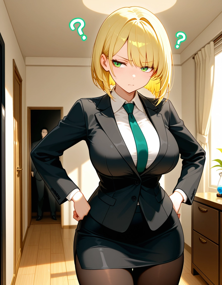 blonde hair, breasts, green eyes, pantyhose, necktie, skirt · Yamete.gg