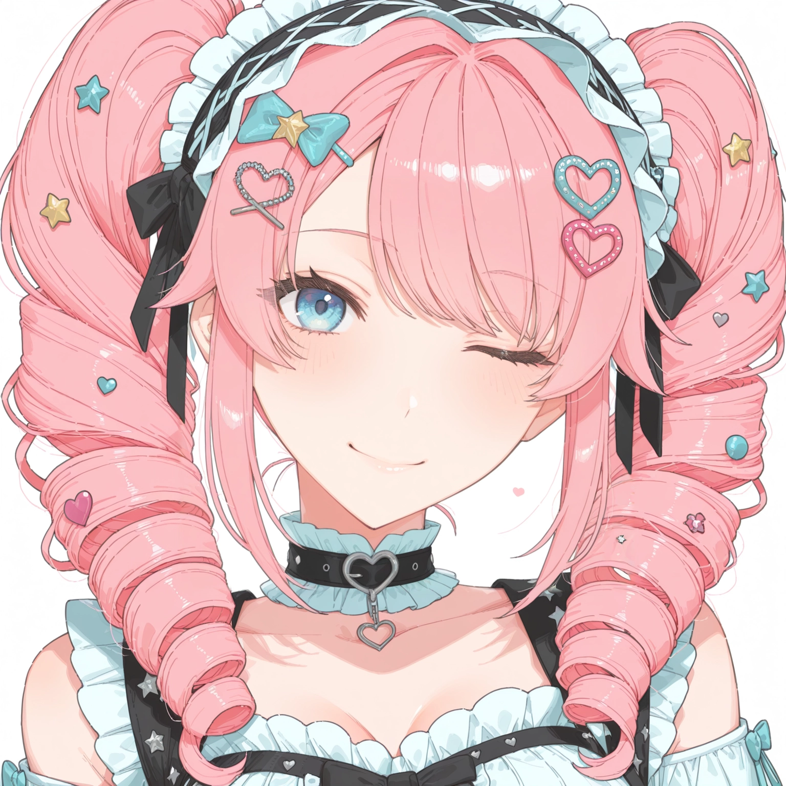 1girl, solo, drill hair, hair ornament, one eye closed, pink hair · Yamete.gg