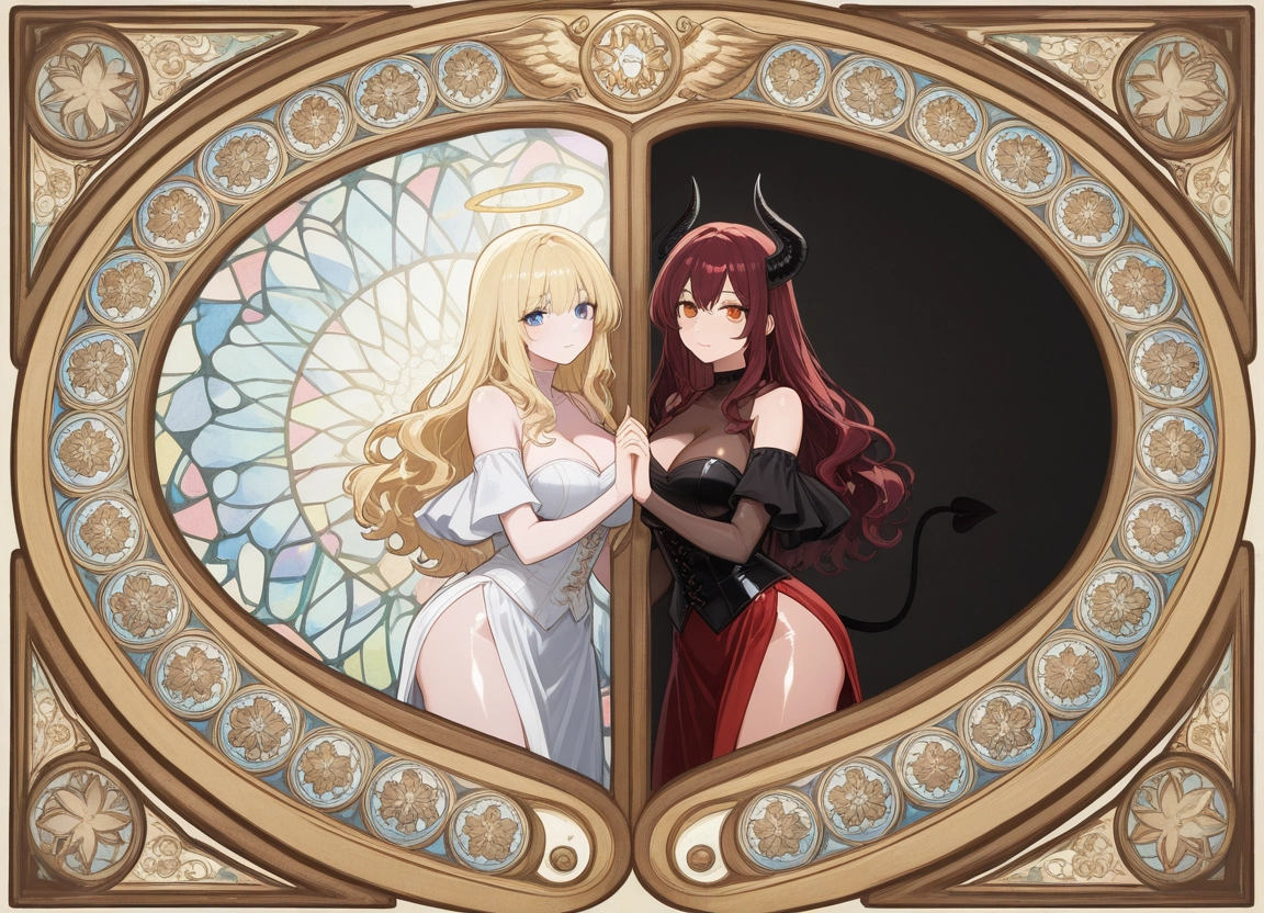 multiple girls, 2girls, blonde hair, horns, tail, breasts · Yamete.gg