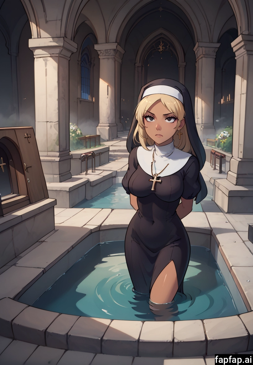 1girl, nun, blonde hair, solo, jewelry, breasts