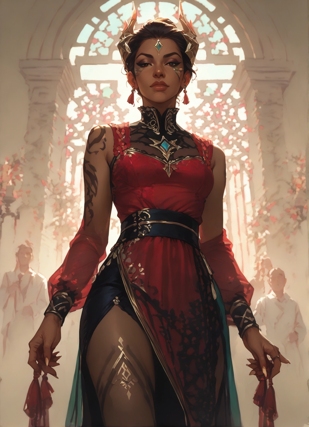 1girl, horns, jewelry, dress, earrings, tattoo · Yamete.gg