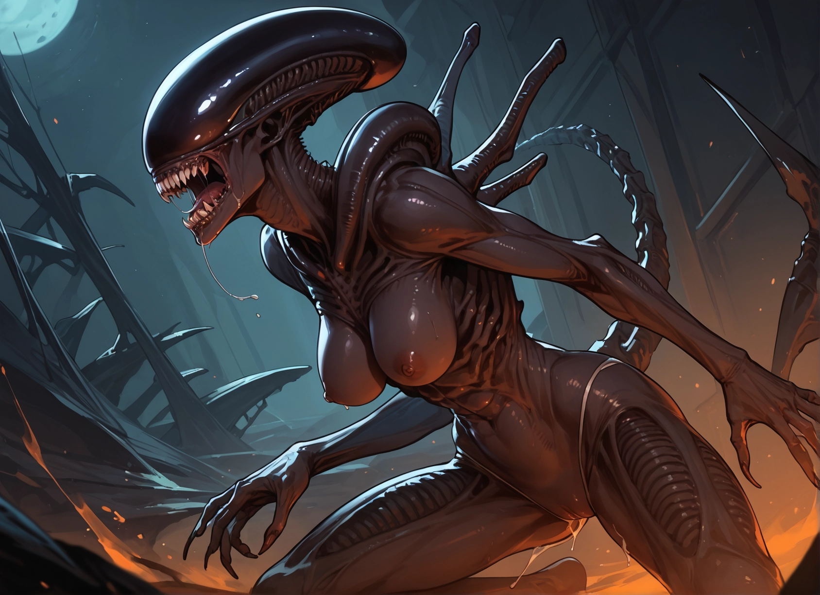 1girl, breasts, nipples, moon, teeth, saliva