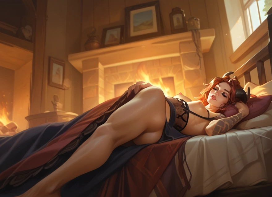 1girl, breasts, horns, nipples, lying, solo · Yamete.gg