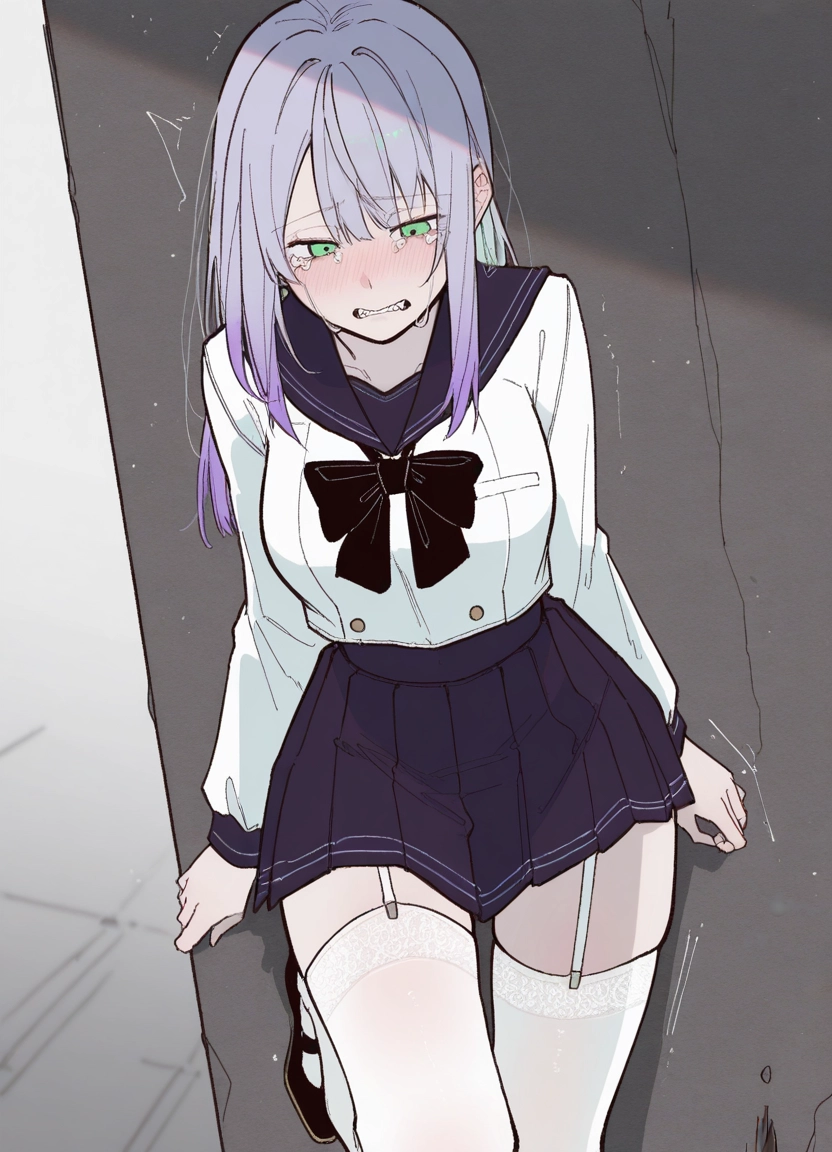1girl, thighhighs, solo, skirt, school uniform, white thighhighs