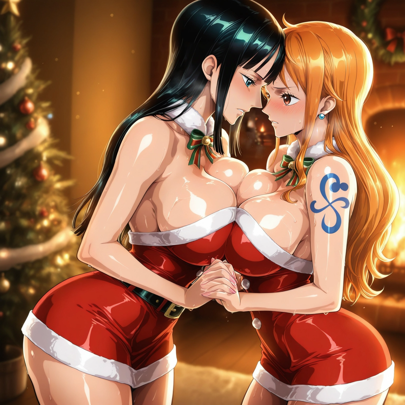 breasts, multiple girls, 2girls, breast press, large breasts, tattoo · Yamete.gg