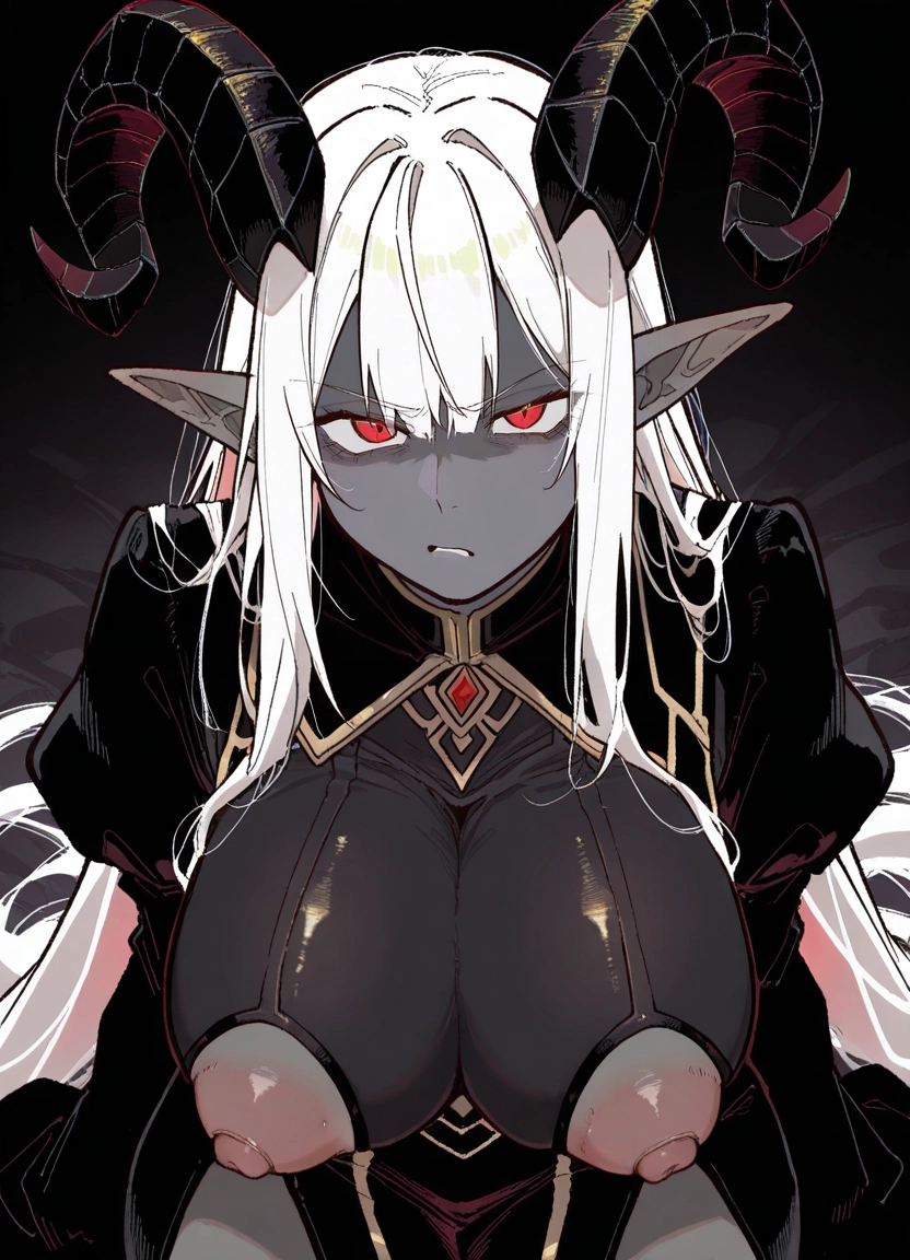 1girl, nippleless clothes, breasts, solo, red eyes, horns · Yamete.gg