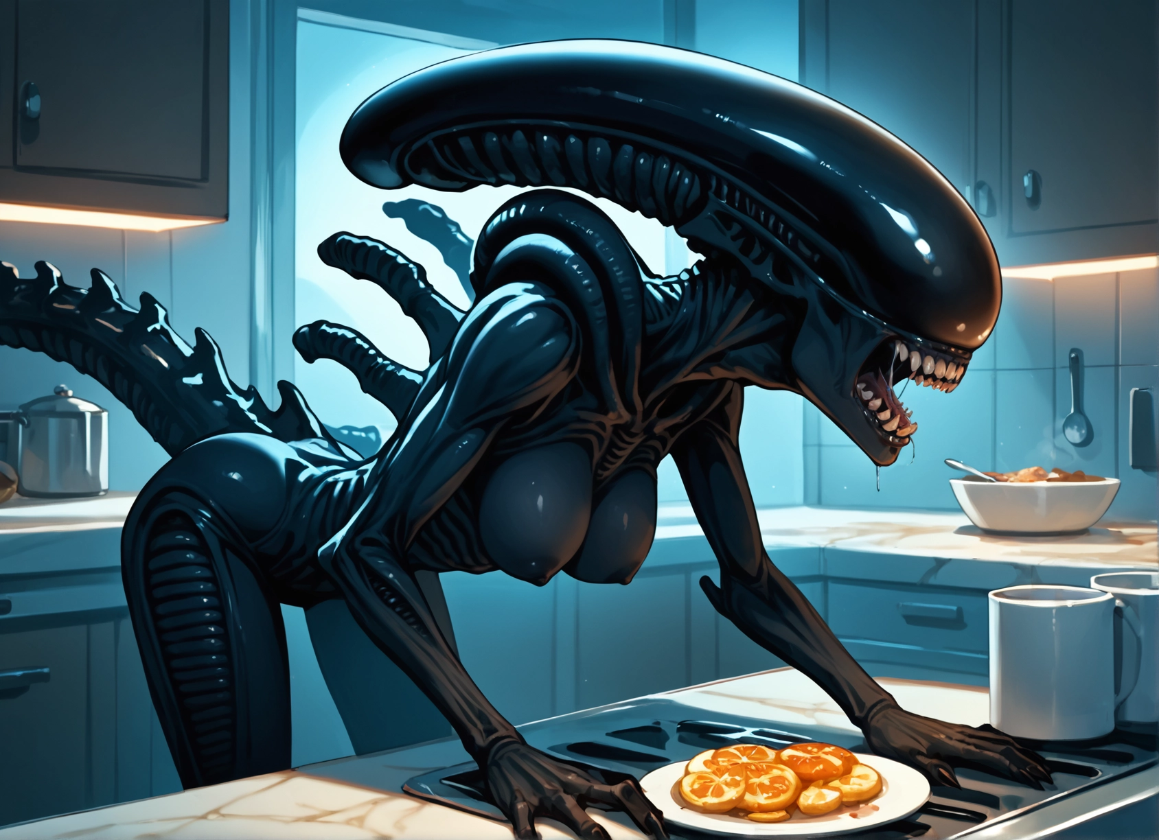 1girl, breasts, food, kitchen, teeth, saliva · Yamete.gg