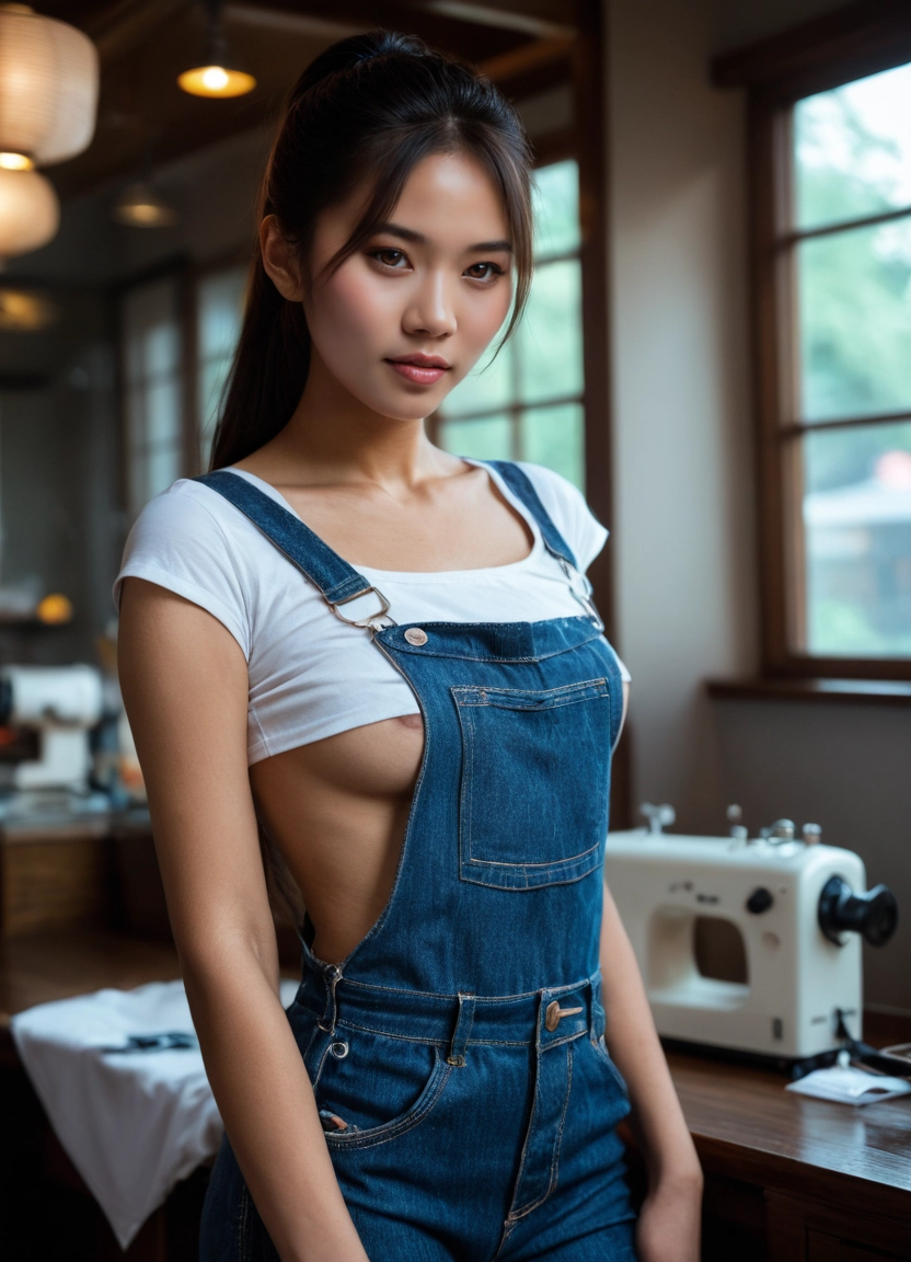 1girl, overalls, solo, breasts, realistic, nipples · Yamete.gg