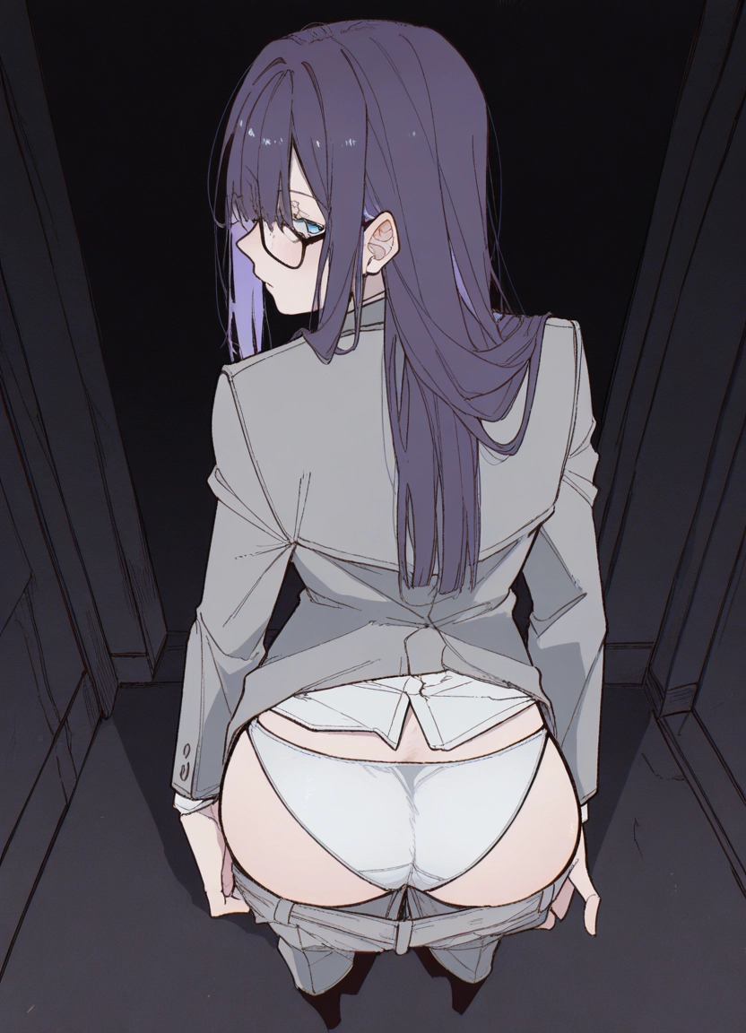 1girl, ass, underwear, panties, glasses, long hair · Yamete.gg