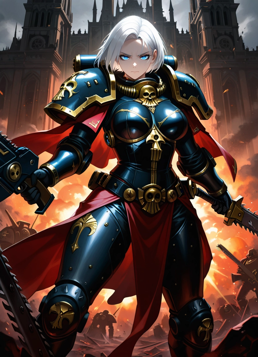 armor, 1girl, weapon, blue eyes, white hair, holding · Yamete.gg