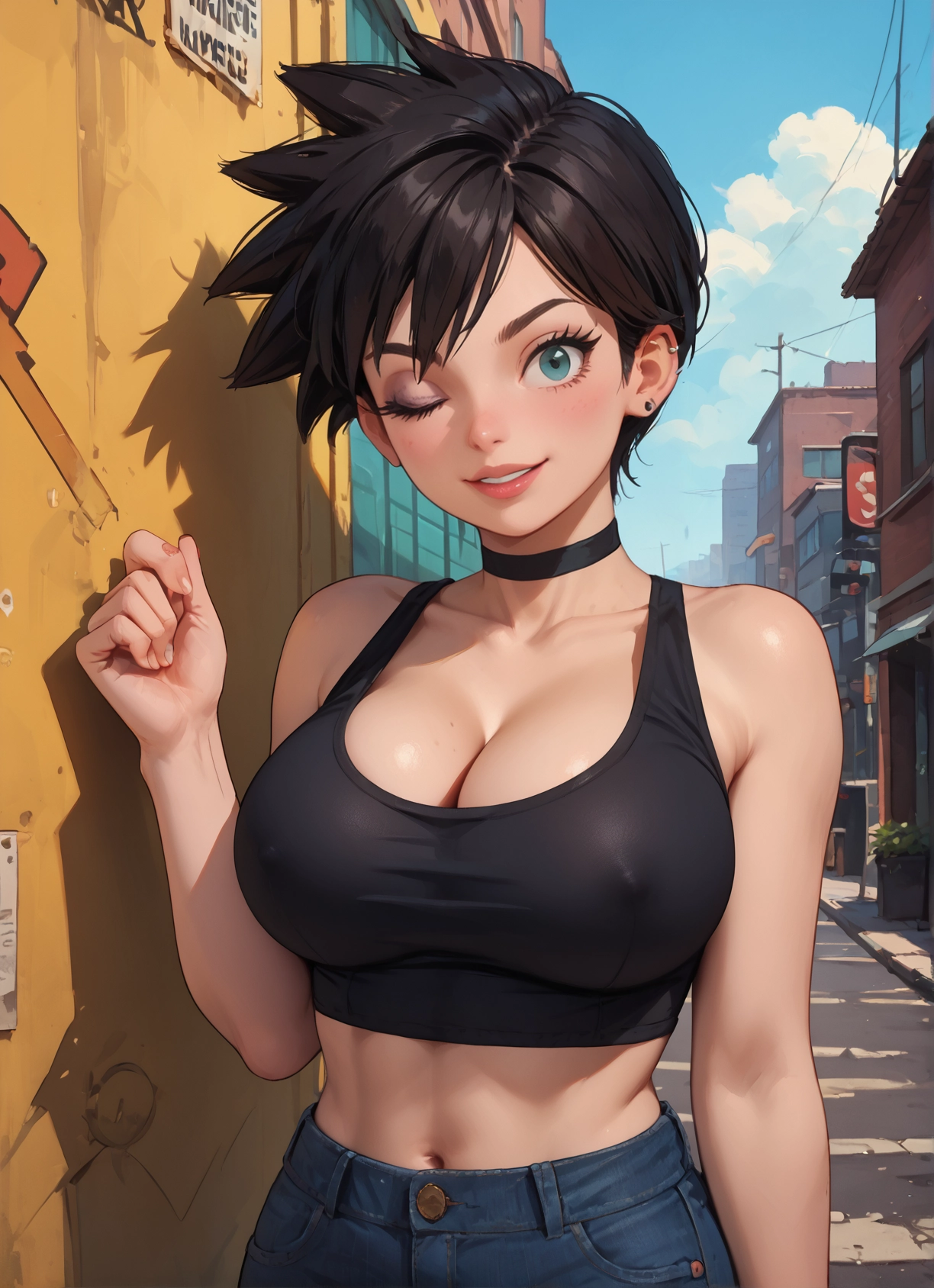 1girl, breasts, one eye closed, short hair, choker, solo · Yamete.gg