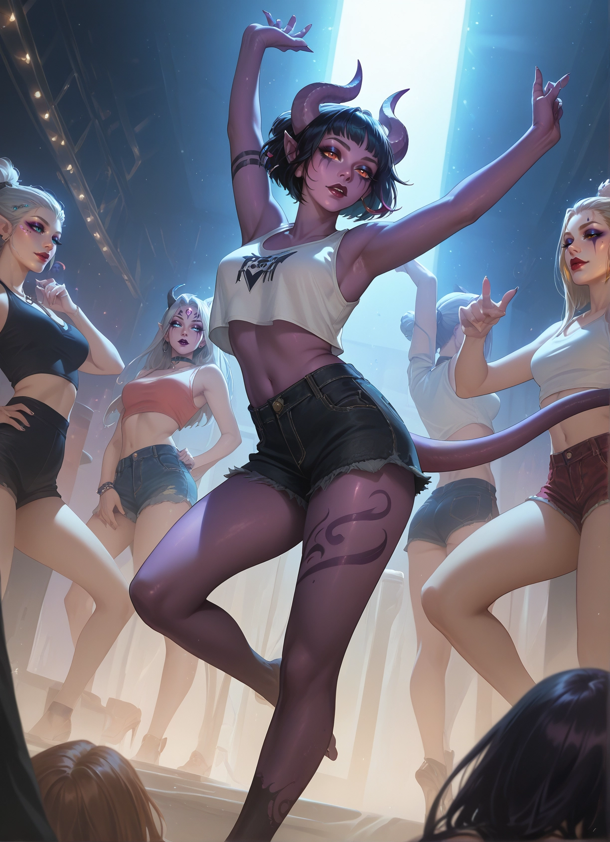 multiple girls, horns, shorts, tail, colored skin, navel · Yamete.gg