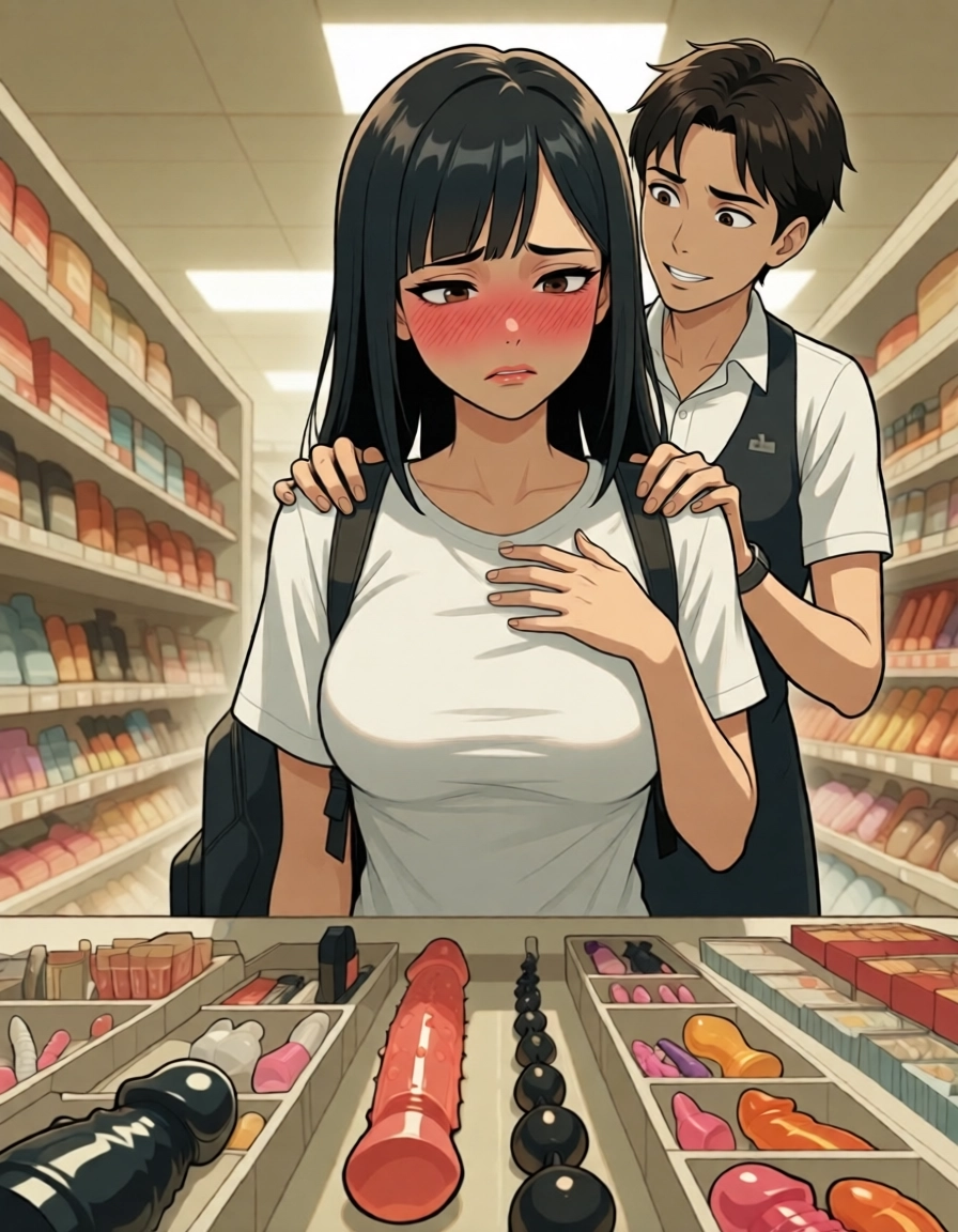 1girl, sex toy, dildo, shop, 1boy, blush · Yamete.gg