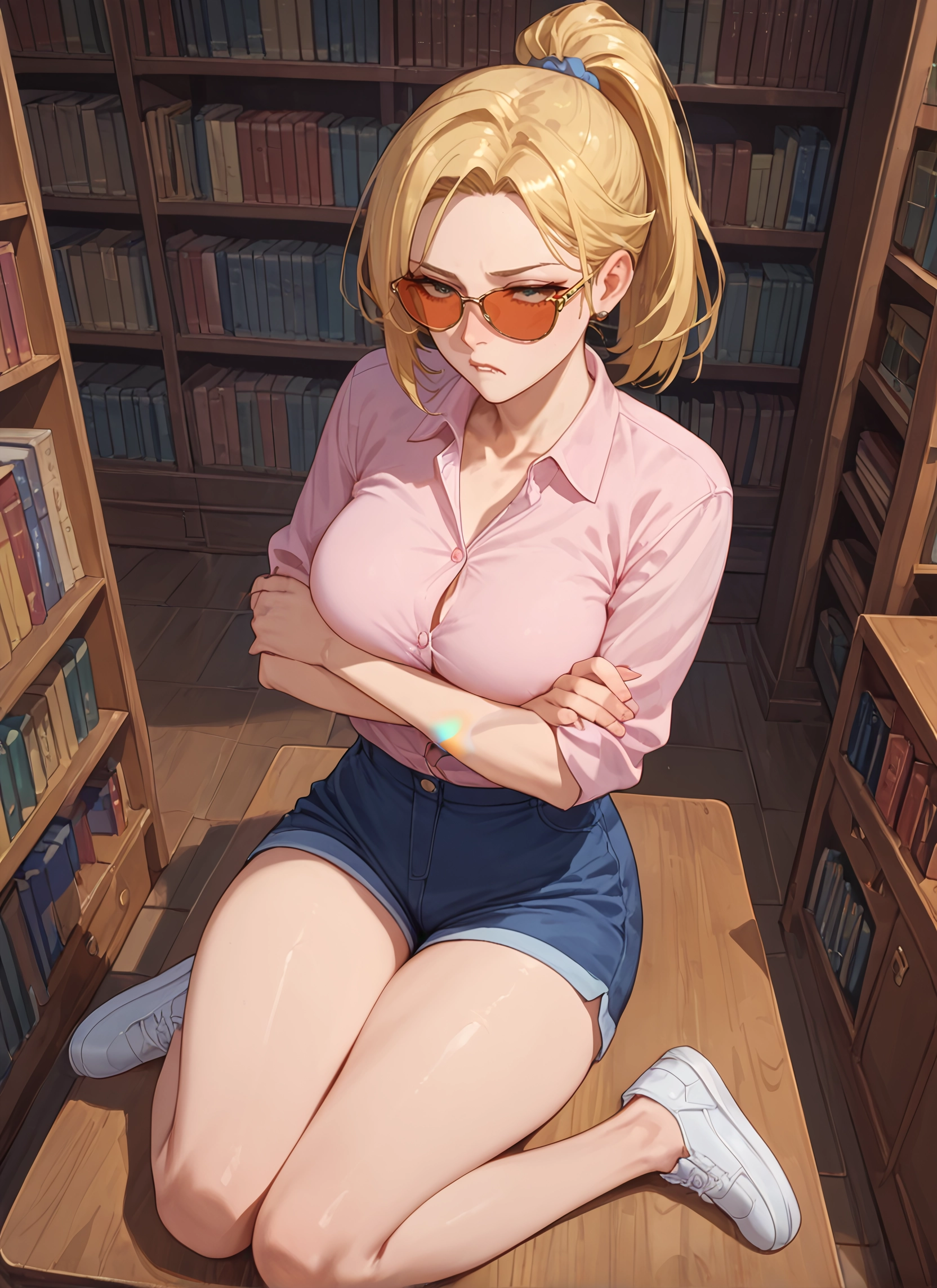 1girl, blonde hair, breasts, shorts, sitting, shirt · Yamete.gg