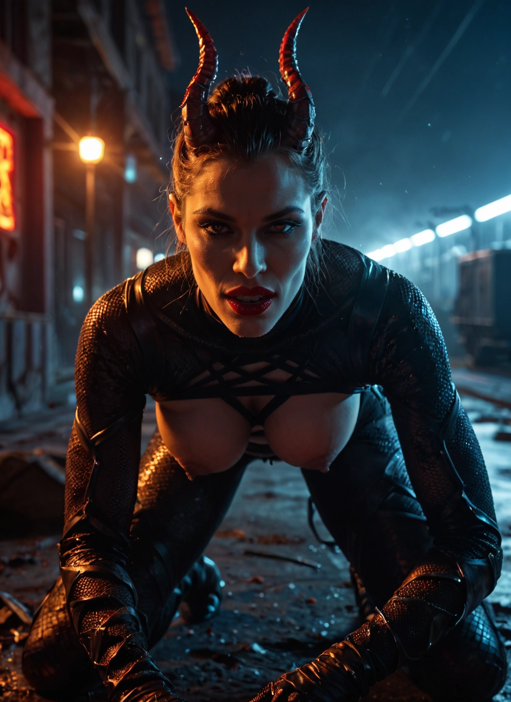 1girl, horns, breasts, nipples, solo, looking at viewer · Yamete.gg
