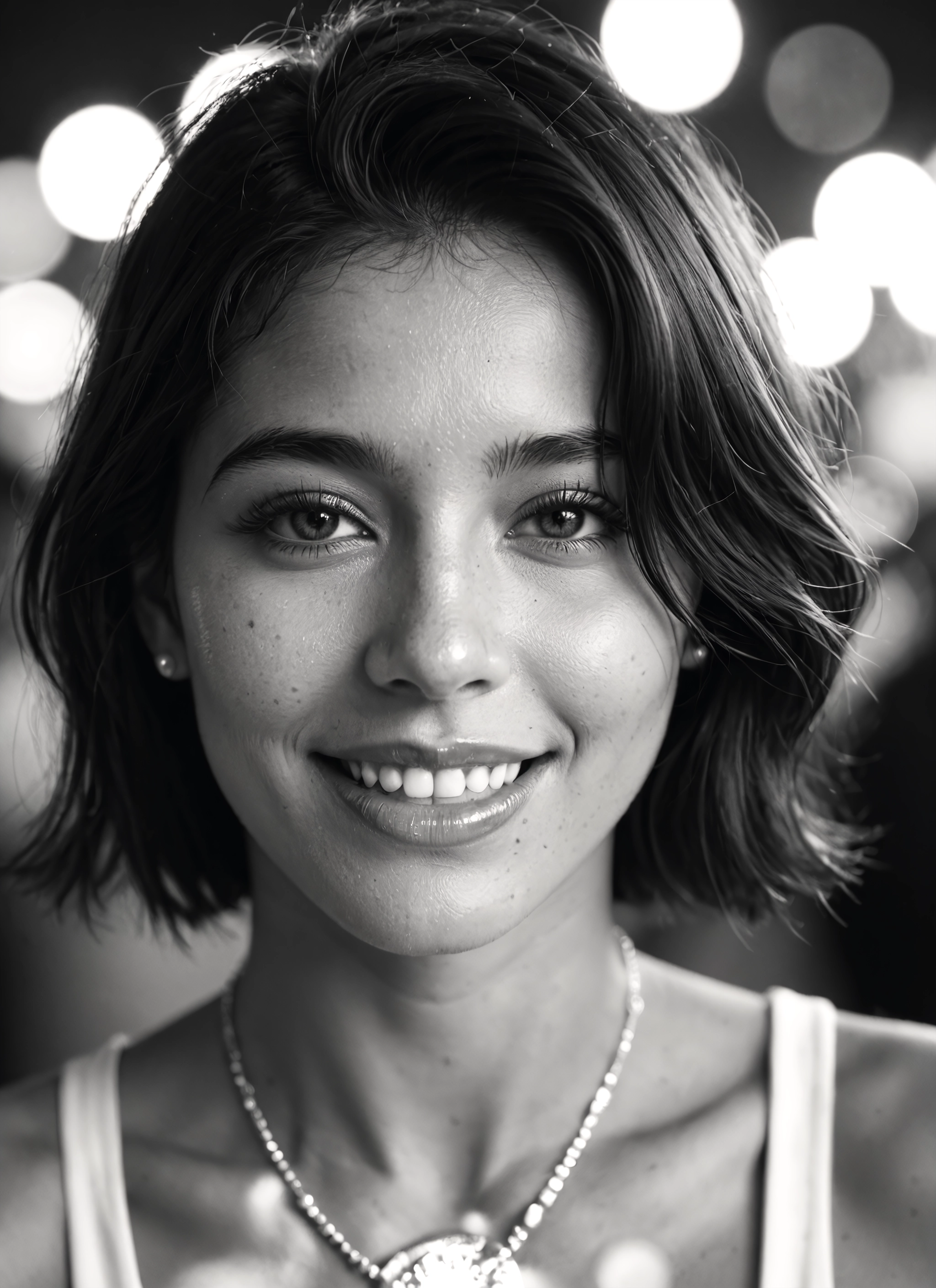 monochrome, greyscale, 1girl, solo, jewelry, smile · Yamete.gg