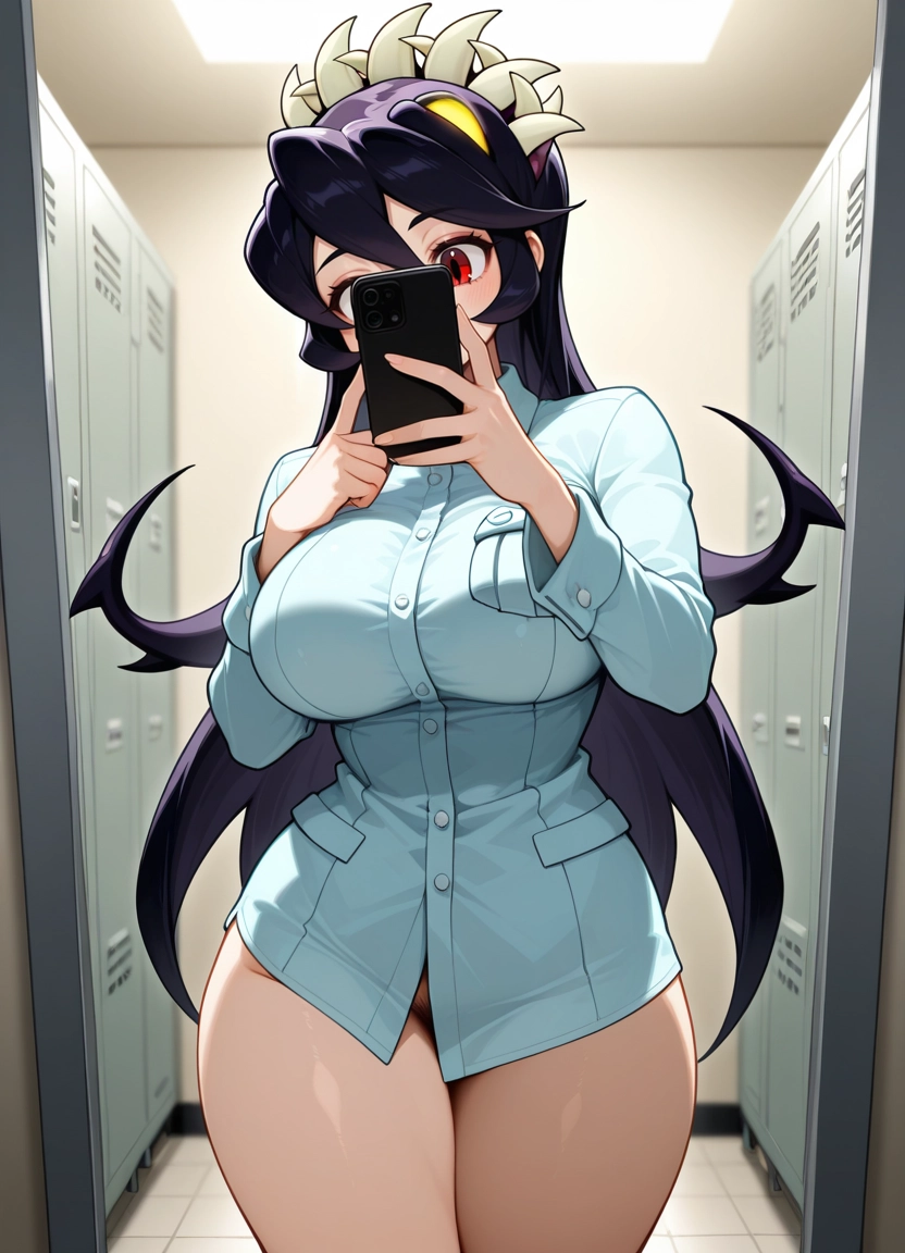 1girl, breasts, red eyes, filia (skullgirls), phone, solo · Yamete.gg