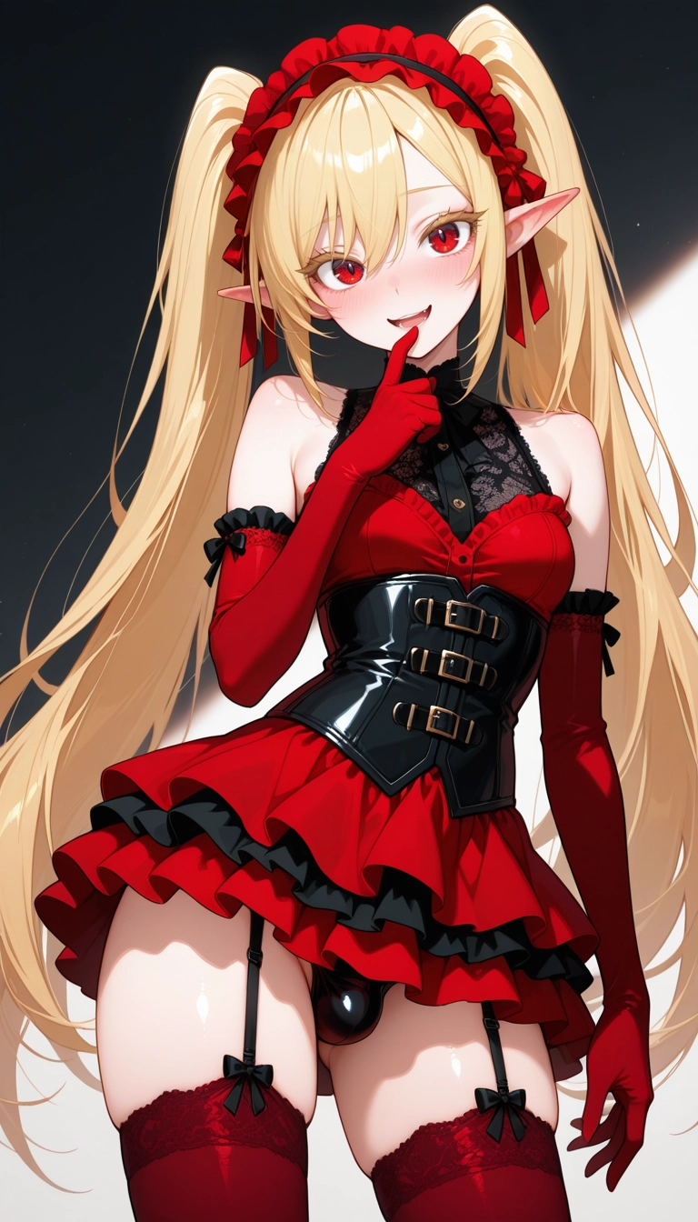 red eyes, solo, pointy ears, gloves, long hair, dress · Yamete.gg