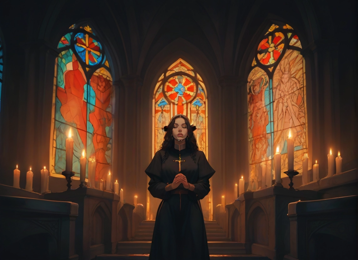 1girl, candle, cross, stained glass, solo, dress