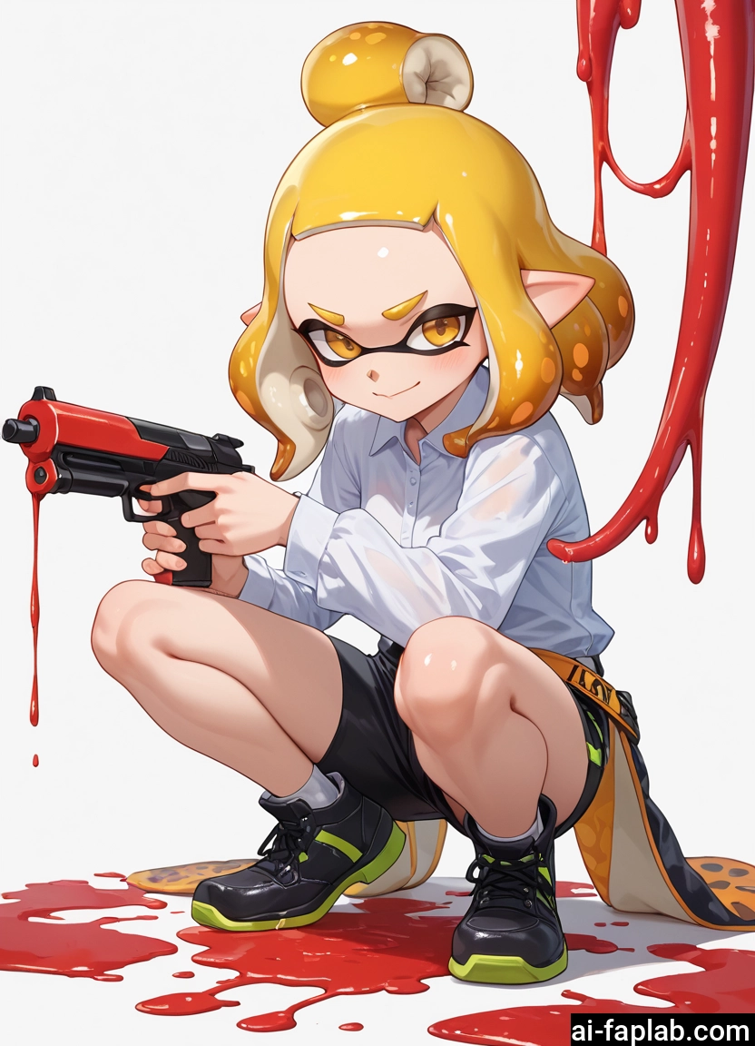 1girl, solo, shirt, squatting, tentacle hair, shorts · Yamete.gg