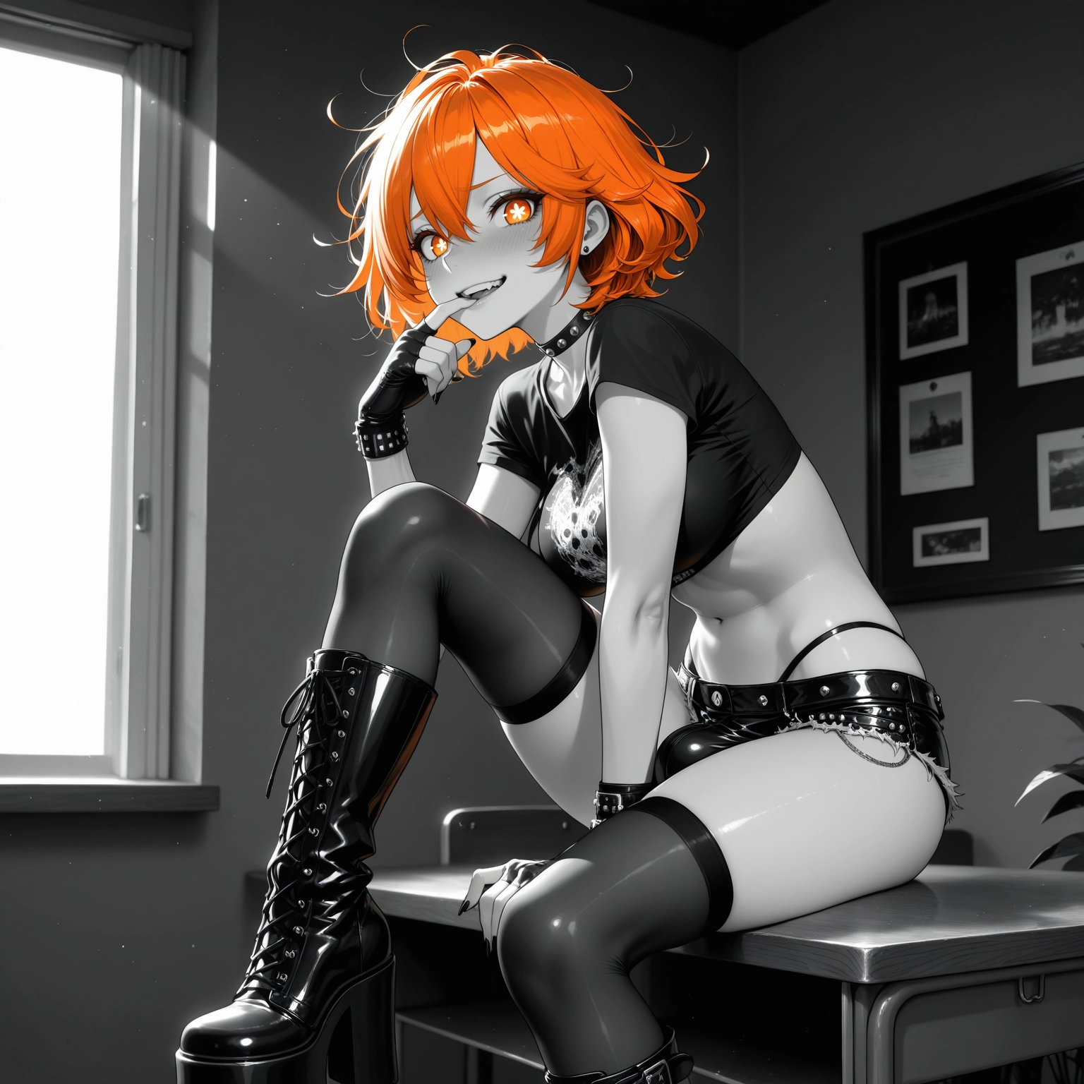 thighhighs, on desk, boots, orange hair, solo, desk · Yamete.gg