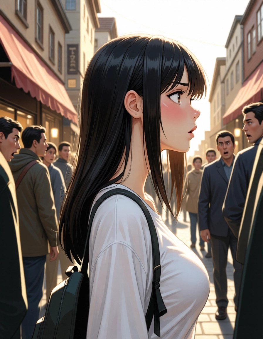 backpack, black hair, 1girl, long hair, breasts, shirt · Yamete.gg