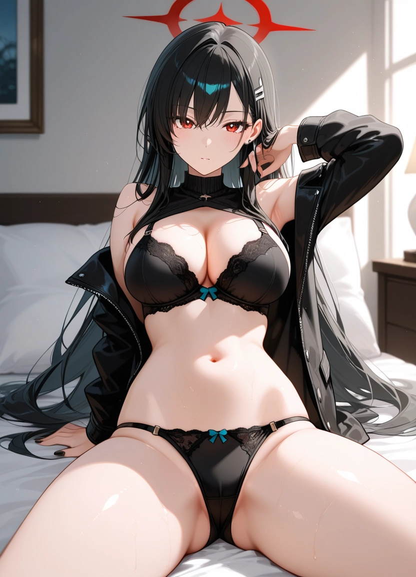 1girl, breasts, solo, red eyes, bra, black hair