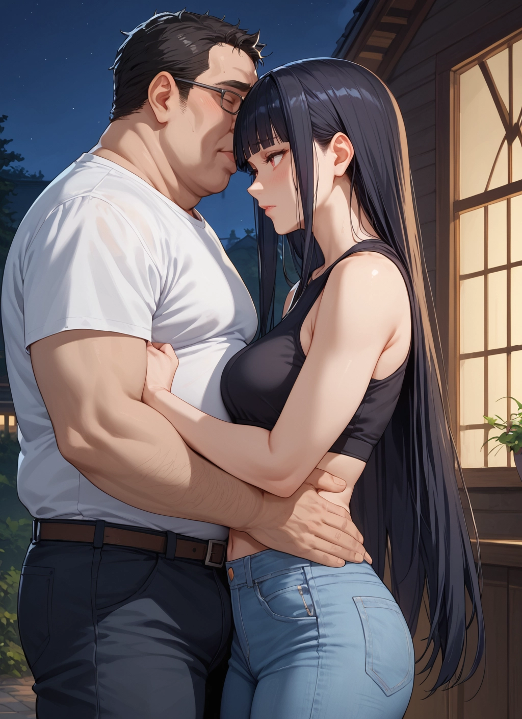 1girl, long hair, 1boy, black hair, pants, denim · Yamete.gg