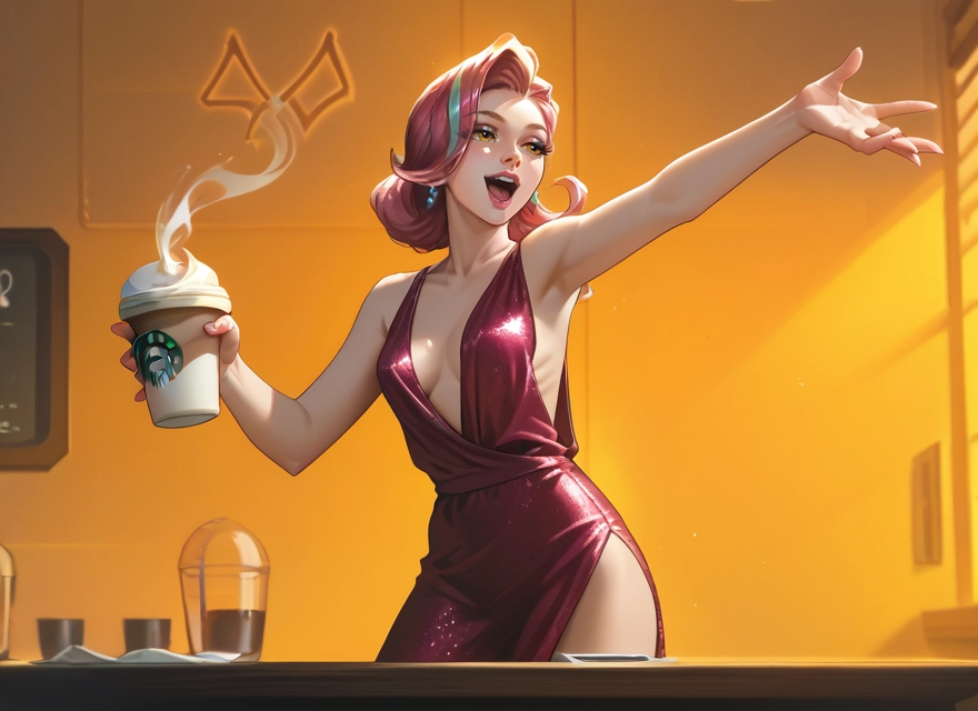 1girl, breasts, dress, pink hair, solo, cup · Yamete.gg