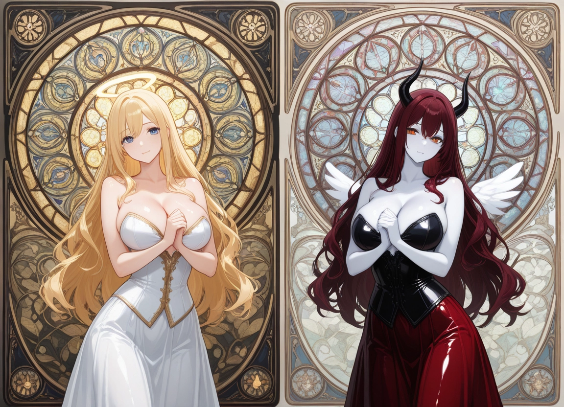 breasts, multiple girls, 2girls, blonde hair, horns, wings · Yamete.gg