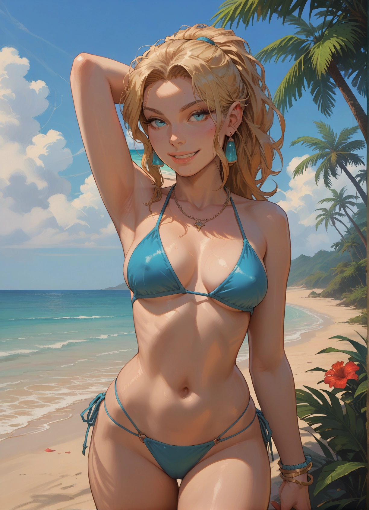 1girl, swimsuit, breasts, solo, jewelry, outdoors