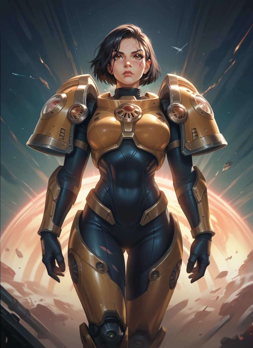 1girl, solo, short hair, bodysuit, armor, scar · Yamete.gg