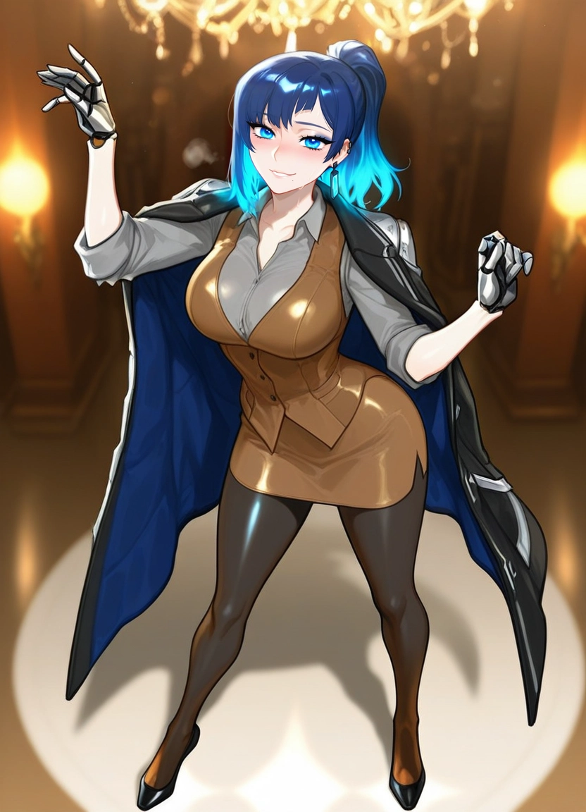 1girl, pantyhose, breasts, skirt, blue hair, solo · Yamete.gg