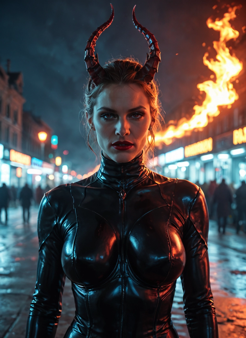 1girl, horns, bodysuit, latex, breasts, fire · Yamete.gg